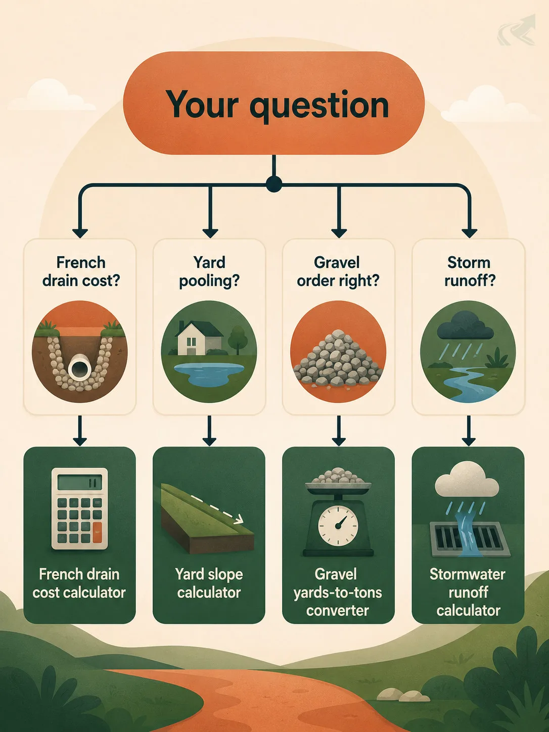 Decision flow diagram with one entry node 'Your question' branching into four labeled cards: French drain cost calculator, yard slope calculator, gravel yards-to-tons converter, and stormwater runoff calculator