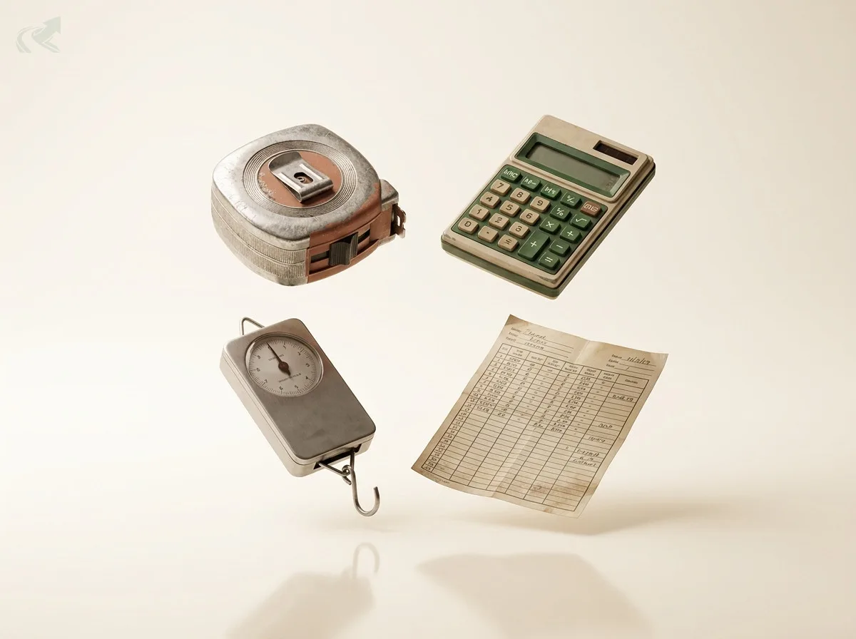 Four estimation tools floating in studio space -- a measuring tape, vintage calculator, spring scale, and handwritten worksheet -- representing the four NC grading and drainage calculators