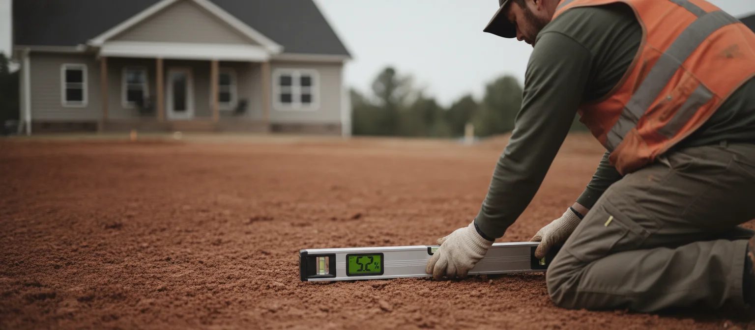 An NC contractor holding a digital level across a residential yard to read slope percent.