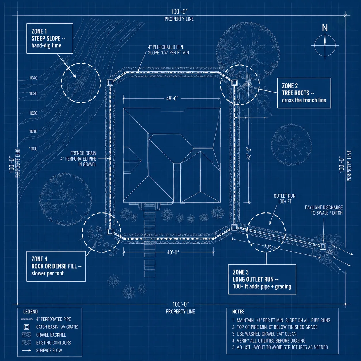 Blueprint-style site plan diagram labeling four French drain complications: steep slope, tree roots, long outlet run, and rock or dense fill