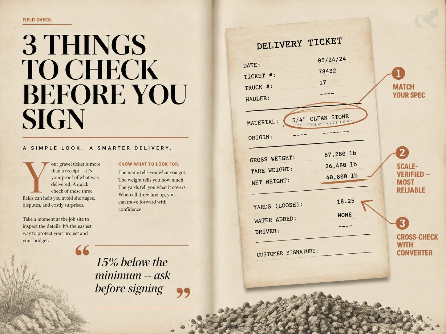 Annotated gravel delivery ticket infographic showing three verification points: material name match, net weight in tons (scale-verified), and yards cross-check against the converter