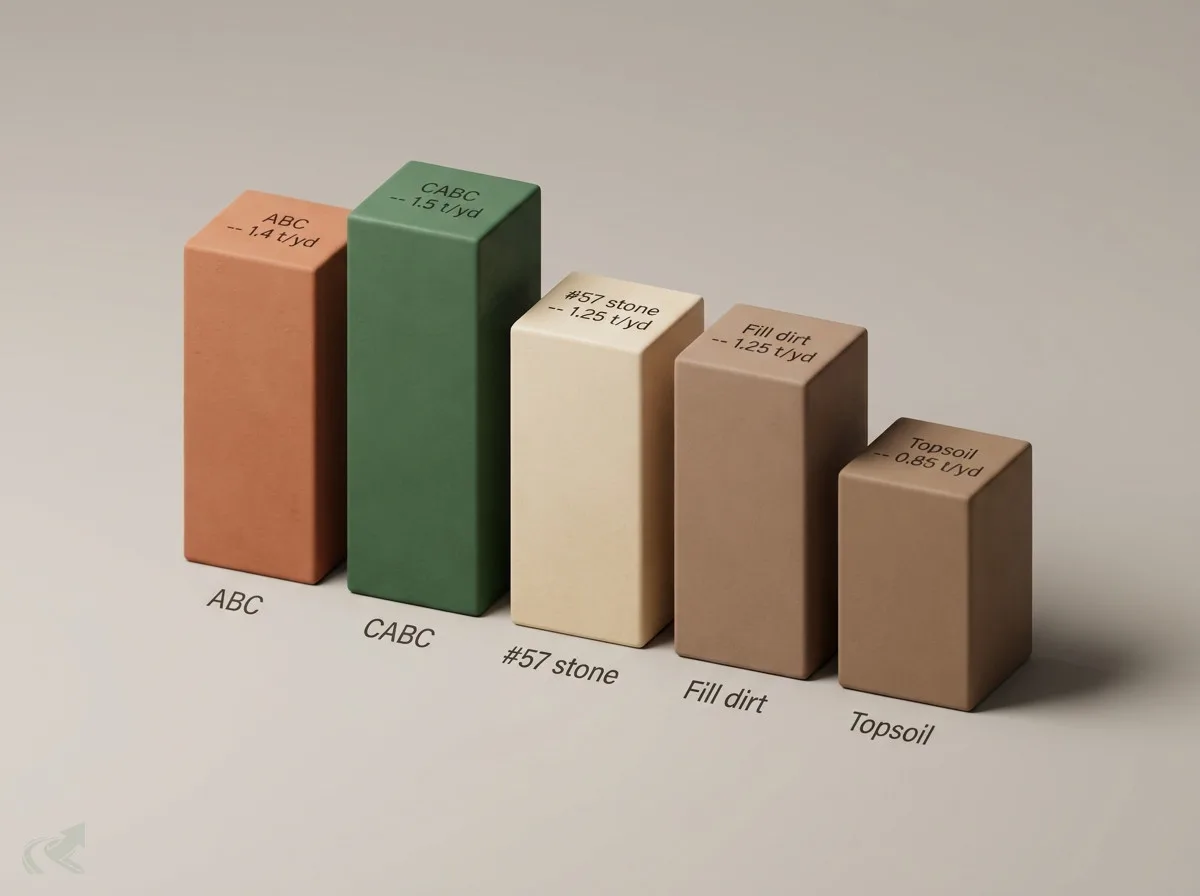 3D bar chart showing tons-per-cubic-yard for five NC gravel materials -- CABC heaviest at 1.5 t/yd, ABC at 1.4, #57 stone and fill dirt at 1.25, topsoil lightest at 0.85