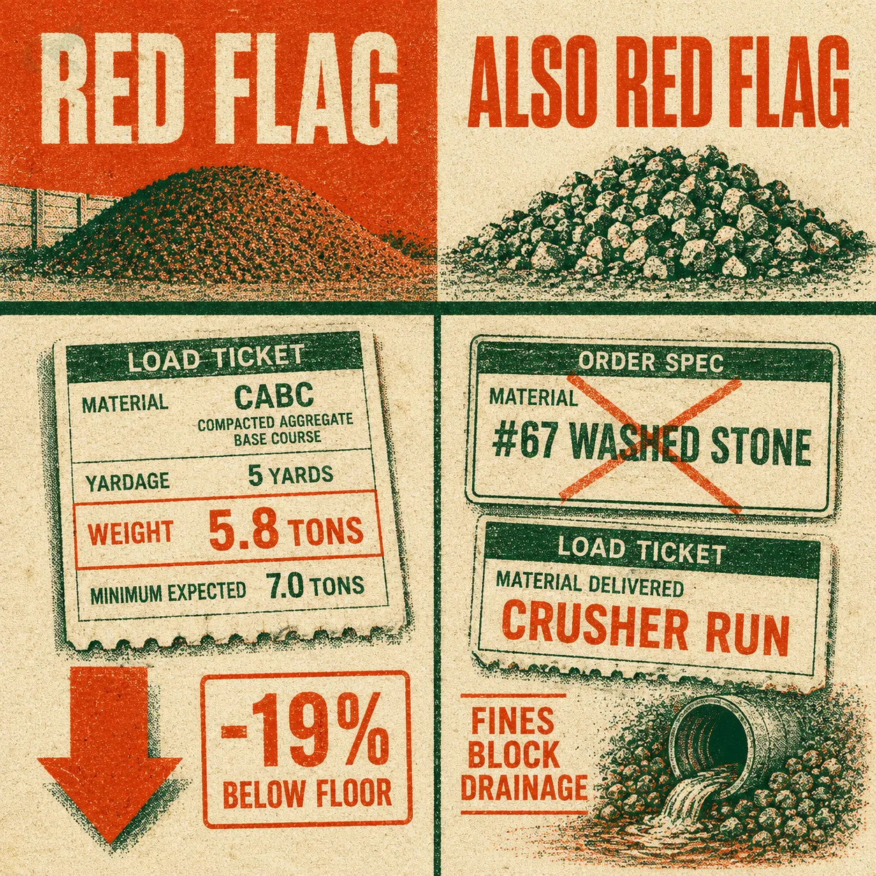 Risograph-style split infographic showing two short-load red flags: a delivery weight 19% below the expected floor for CABC, and a material substitution where crusher run was delivered instead of #67 washed stone