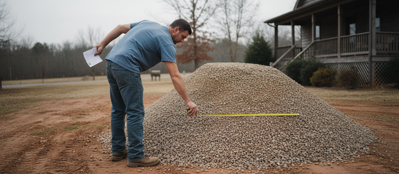 NC gravel delivery ticket measured against an ABC stone pile on a driveway