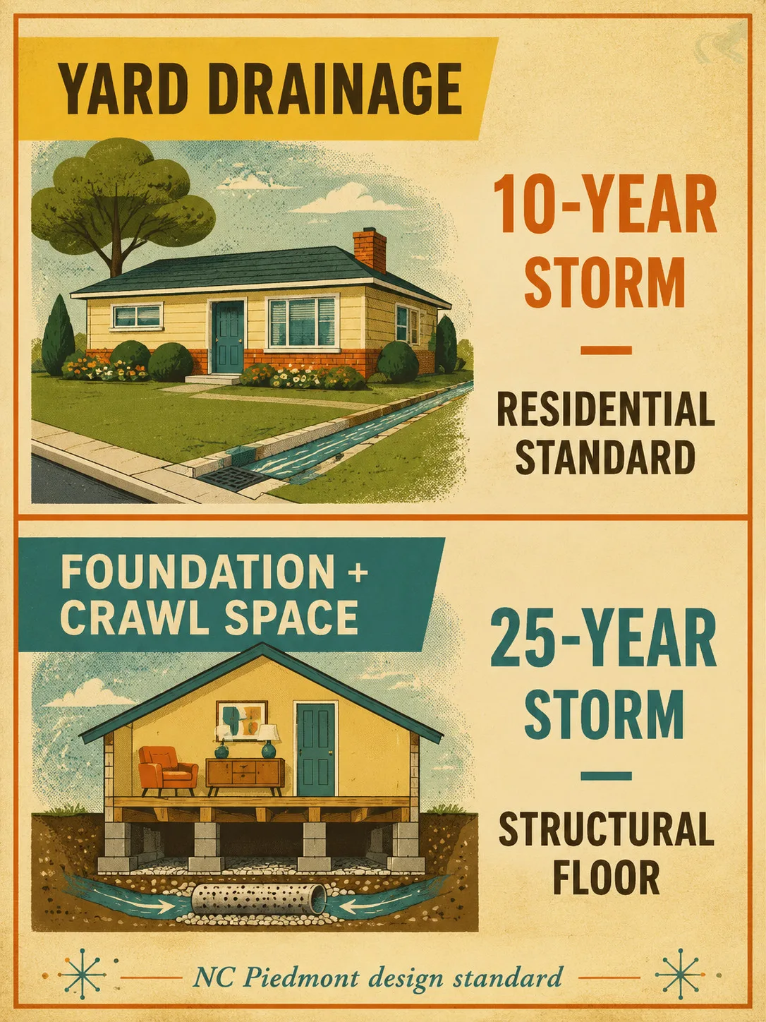 Mid-century illustrated two-tier diagram showing design storm selection: 10-year storm for yard drainage, 25-year storm for foundation and crawl space protection.