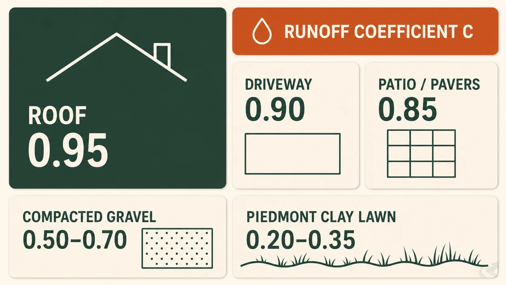 Bento-grid showing runoff coefficients for six impervious surface types: roof 0.95, driveway 0.90, patio 0.85, compacted gravel 0.50–0.70, Piedmont clay lawn 0.20–0.35.