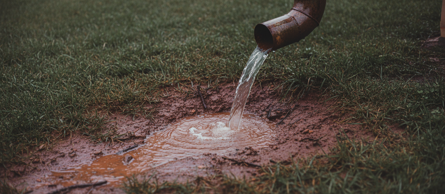 A downspout discharging stormwater across a saturated NC Piedmont clay lawn during rain.