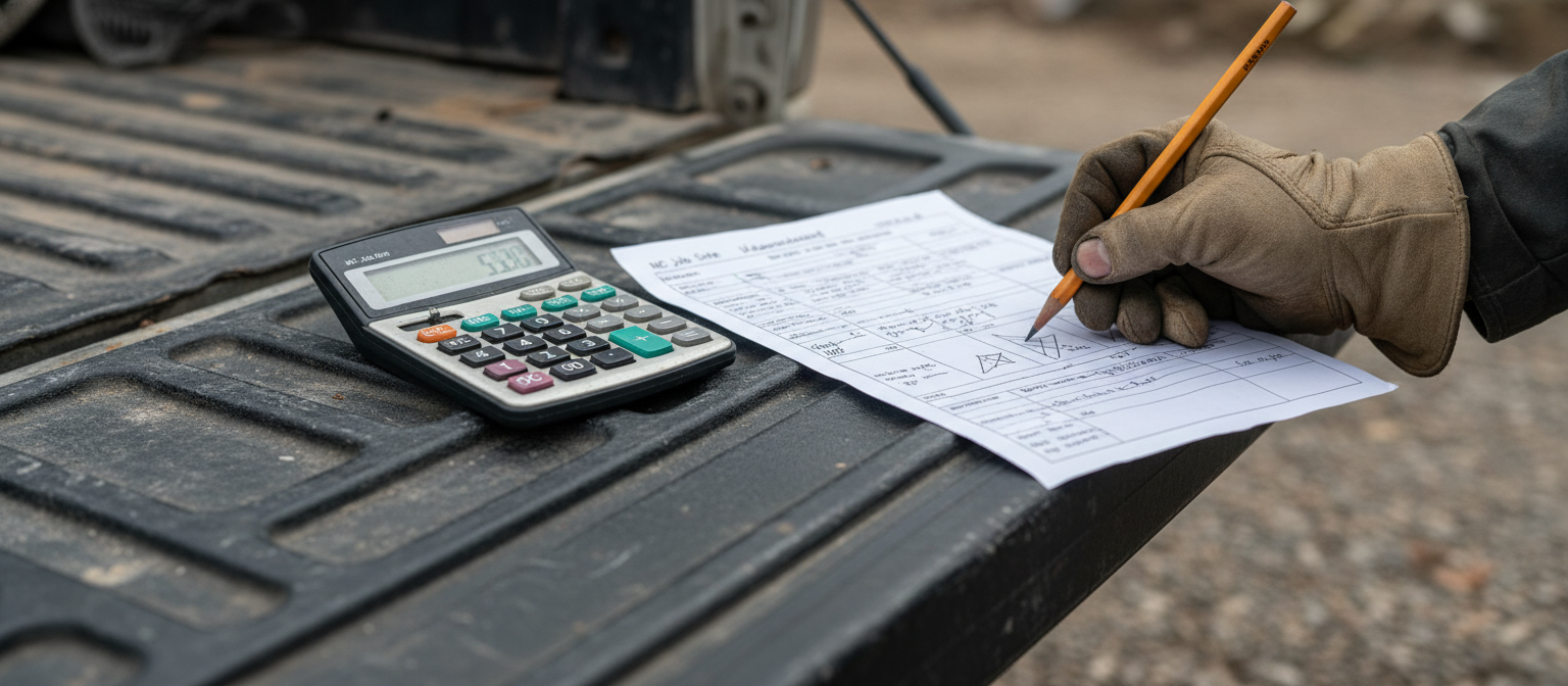 NC site tools -- calculator and slope worksheet on a truck tailgate