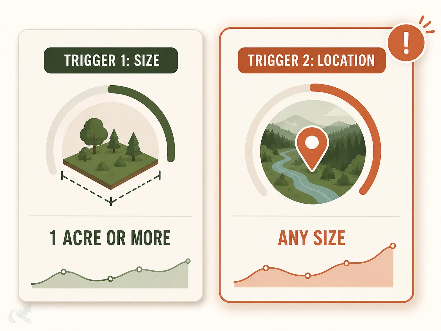 Two metric cards side by side, one showing a permit trigger based on project size and the other a trigger based on location inside a protected watershed