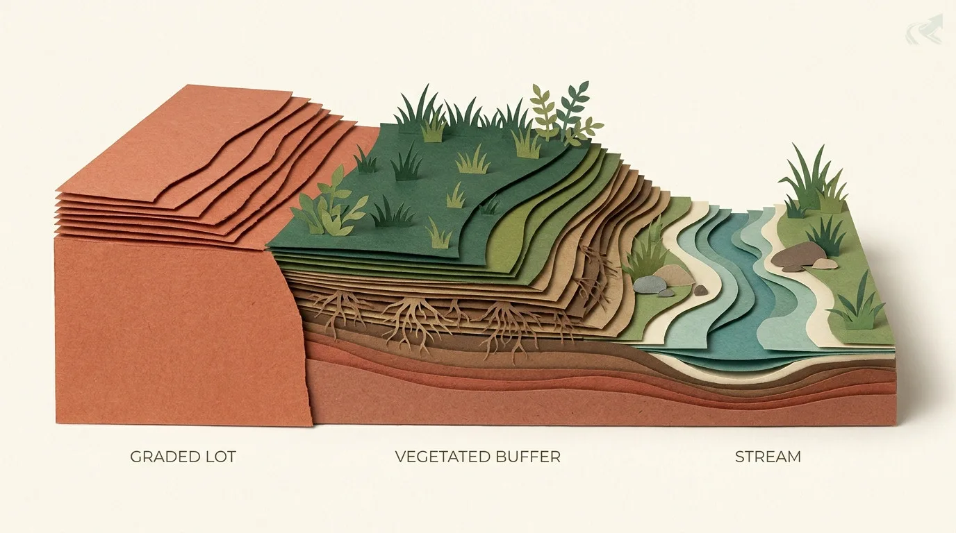 A layered paper-cut cross-section from a graded red-clay lot down to a stream, showing the undisturbed vegetated buffer between them as stacked layers of turf, root zone and clay subsoil