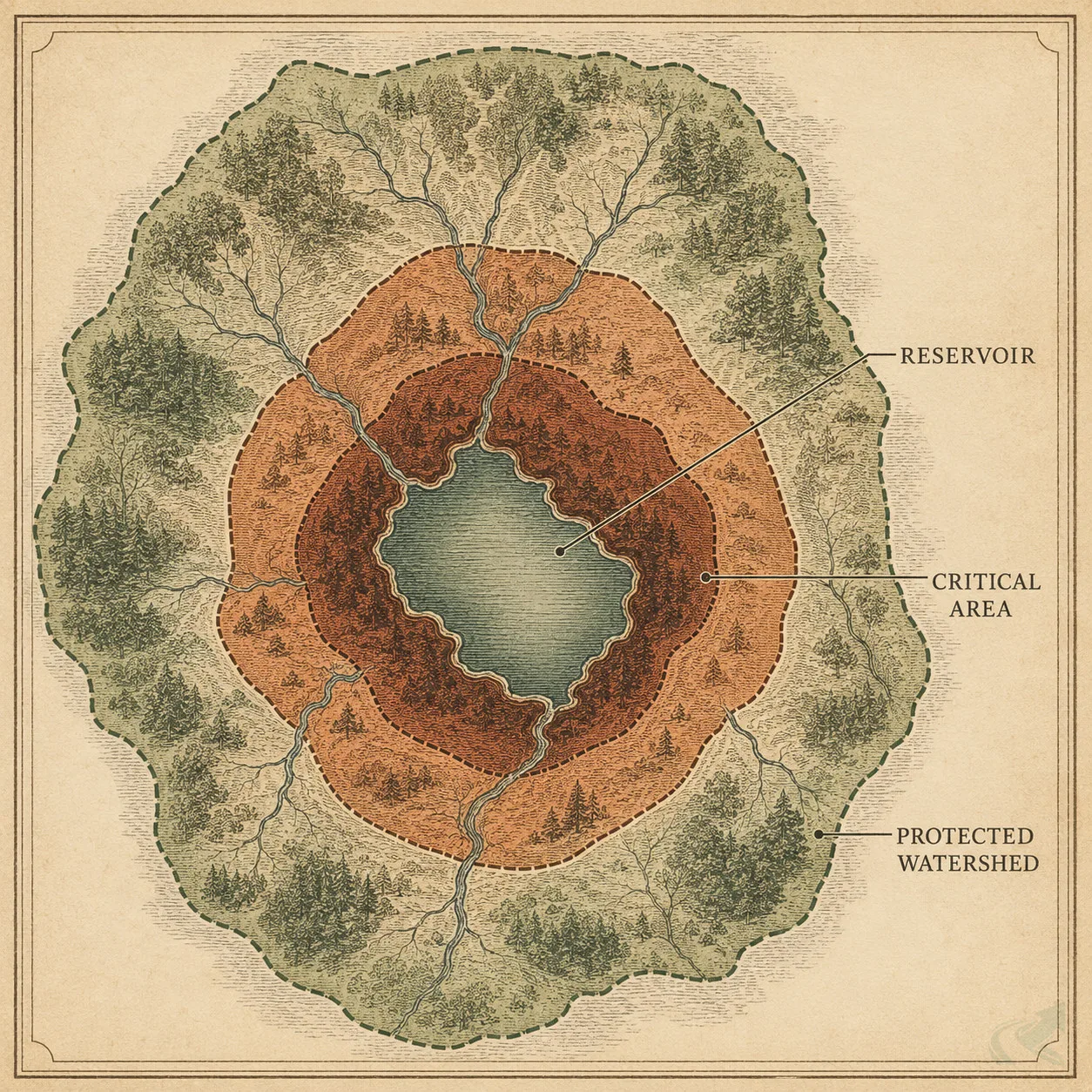 A field-guide plate of a drinking-water reservoir seen from above with concentric protection zones radiating out from the shoreline and streams feeding in