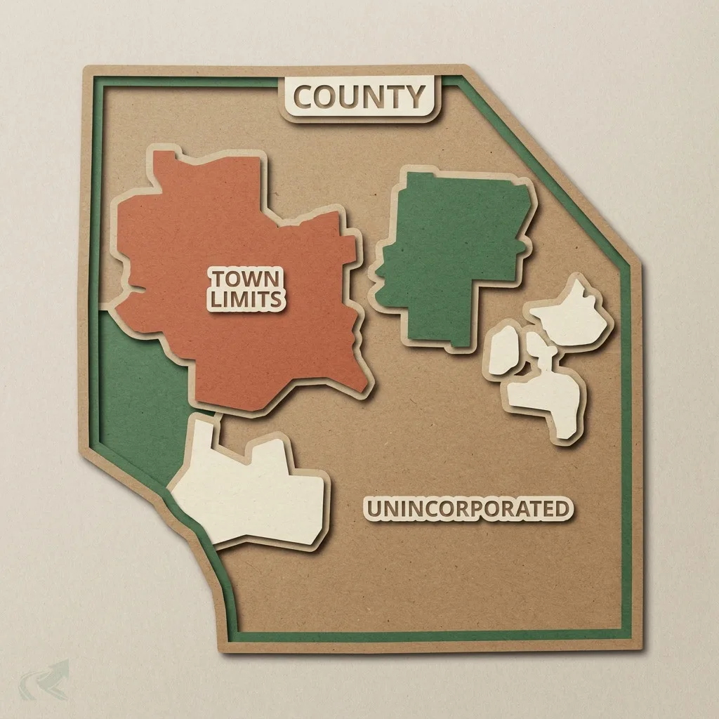 A layered paper-cut map of a North Carolina county with several separate municipal boundaries raised above the unincorporated land between them