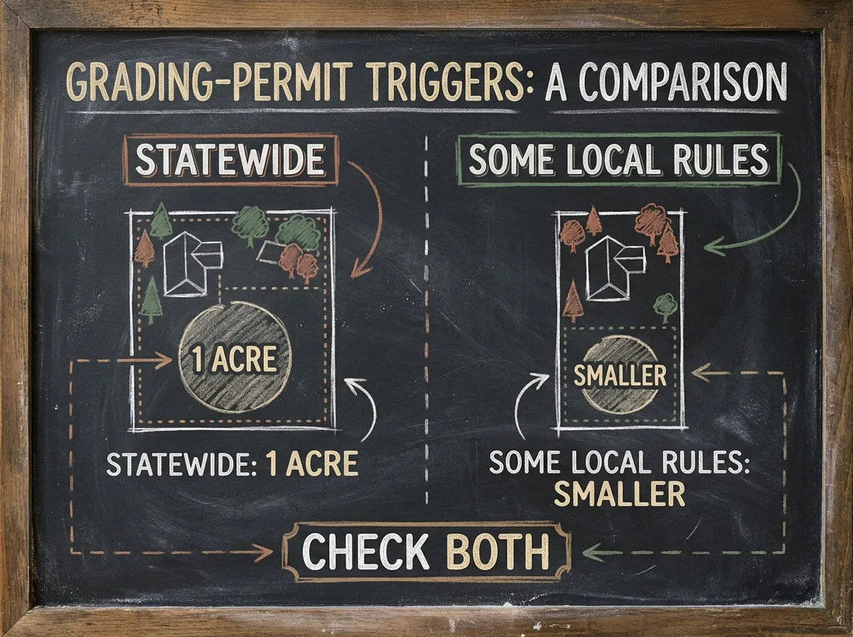 A teaching board comparing the statewide one-acre grading trigger against a stricter local threshold, with a lot sketch under each