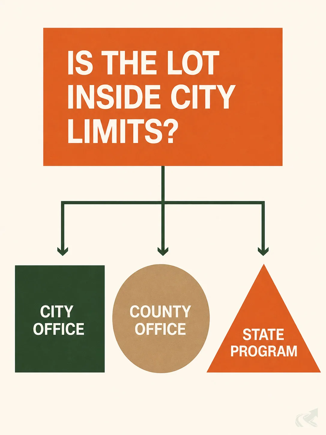 A decision tree starting from whether the lot sits inside city limits and branching to a city office, a county office, or a state program