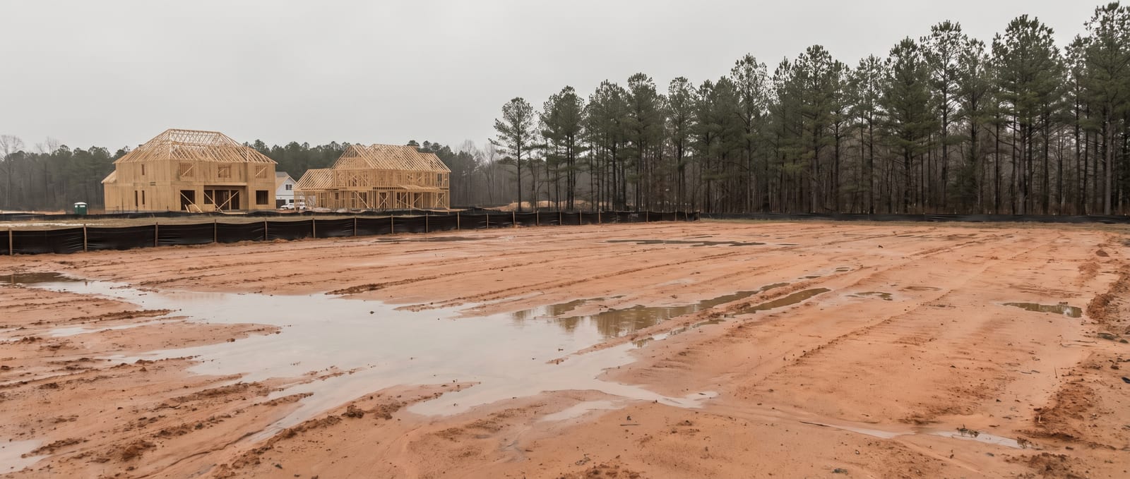 A freshly graded red-clay building lot in a new Triangle subdivision, standing water pooled on the compacted clay with framed houses and pine treeline behind under an overcast sky