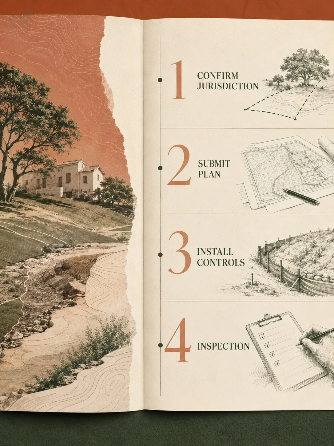 An editorial spread laying out four numbered stages of getting a grading project permitted and inspected