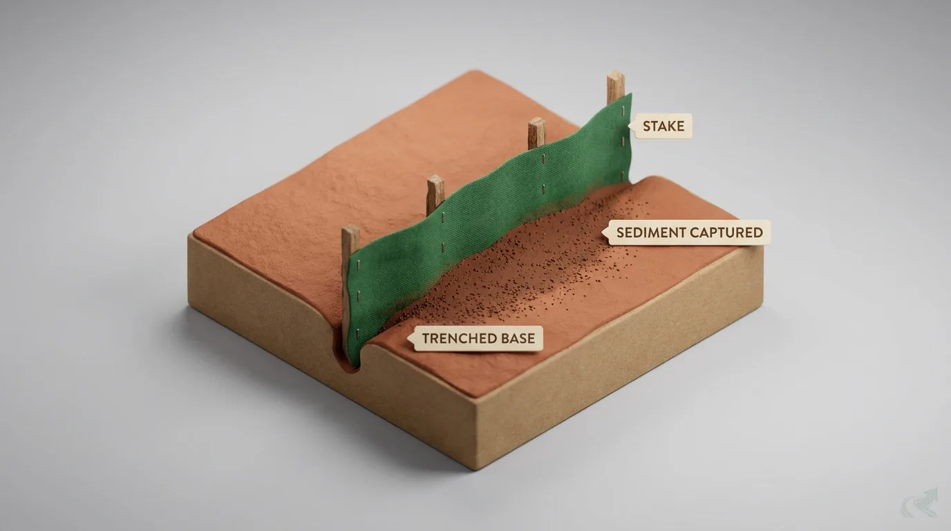 A miniature model of a correctly installed silt fence with its fabric trenched into the ground, stakes on the uphill side and sediment collecting behind it
