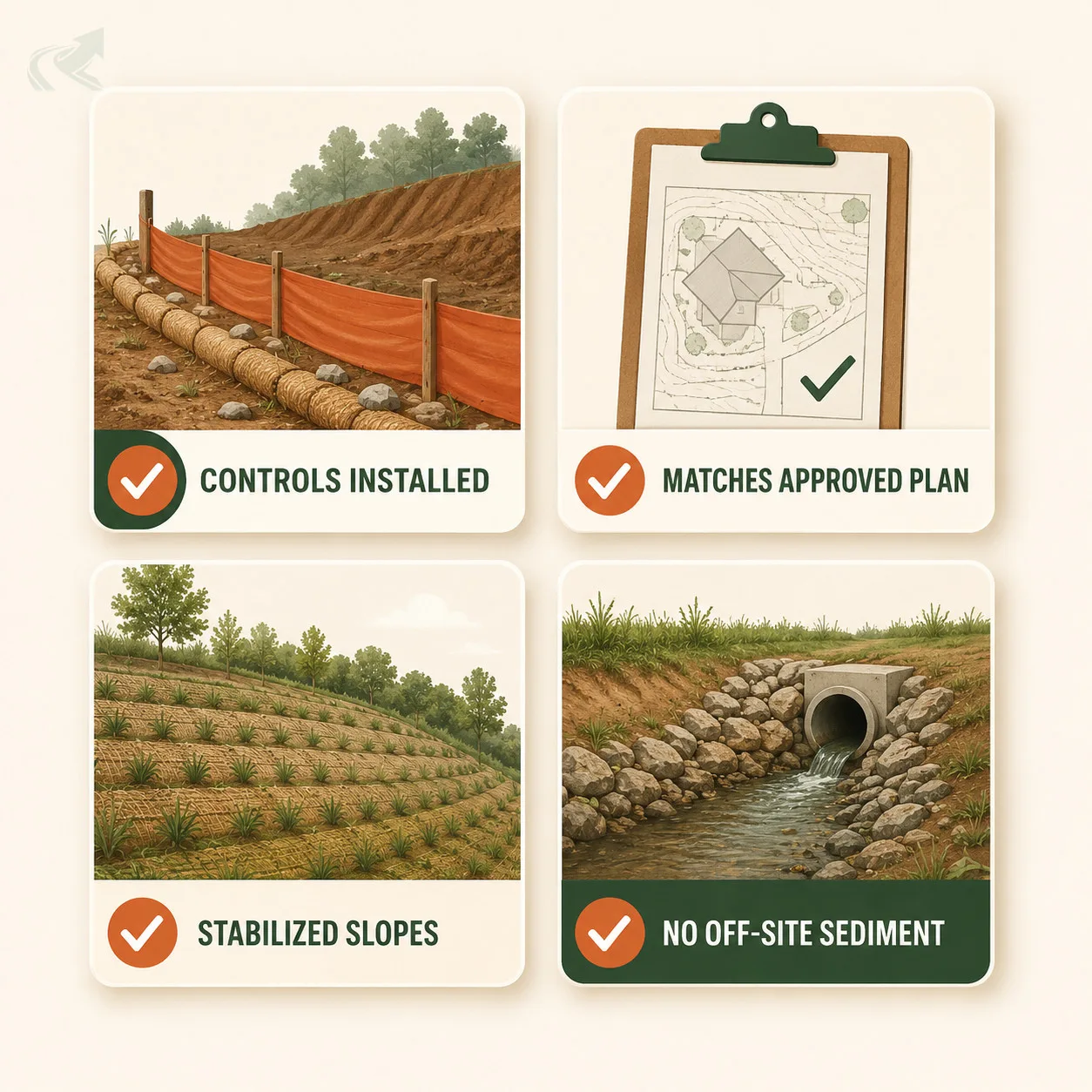 Checklist cards showing what a site inspector verifies on a residential grading job