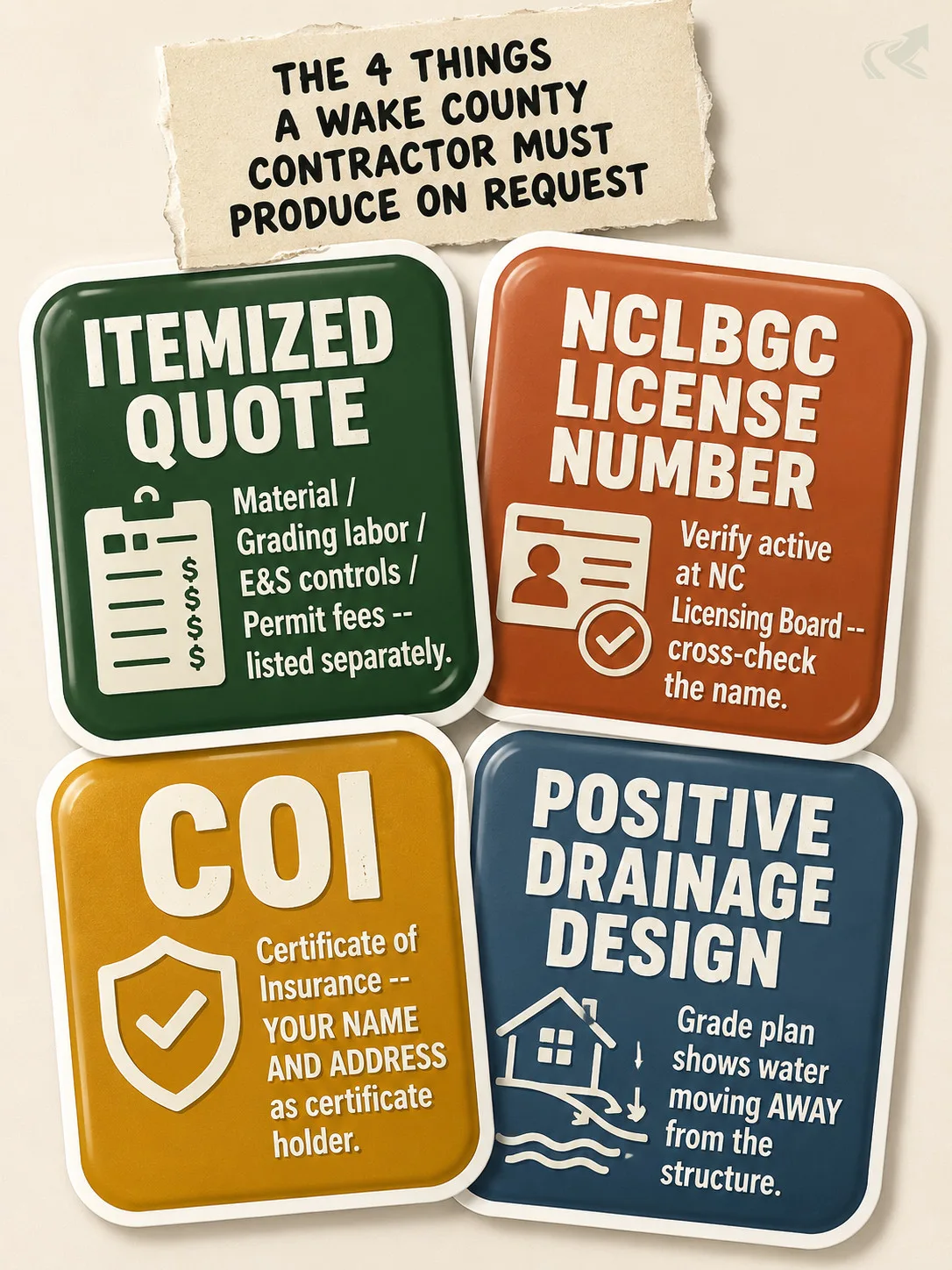 Four die-cut sticker badges listing the Wake County grading contractor vetting checklist: itemized quote, NCLBGC license number, COI with your name, and positive drainage design