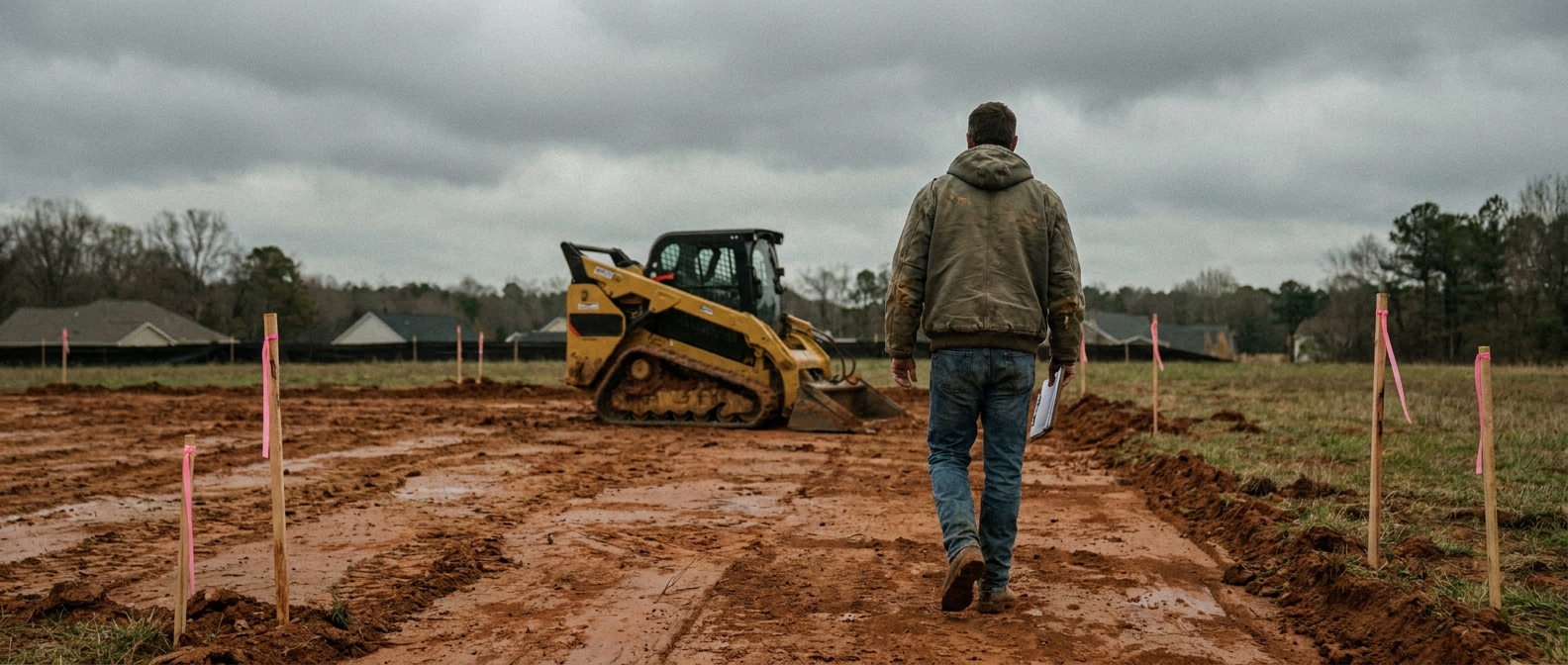 Wake County NC grading contractor surveying a staked lot, skid steer on red clay behind