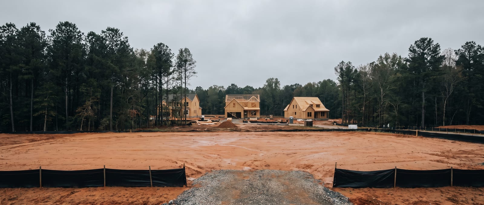 A graded red-clay residential lot in a Wake County subdivision under construction, silt fence along the boundary and framed houses behind under an overcast Piedmont sky