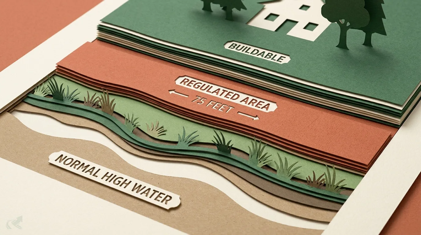 A layered paper-cut cross-section of a coastal lot from the tidal marsh edge inland, with the regulated band nearest the water raised as a distinct layer and buildable land beyond