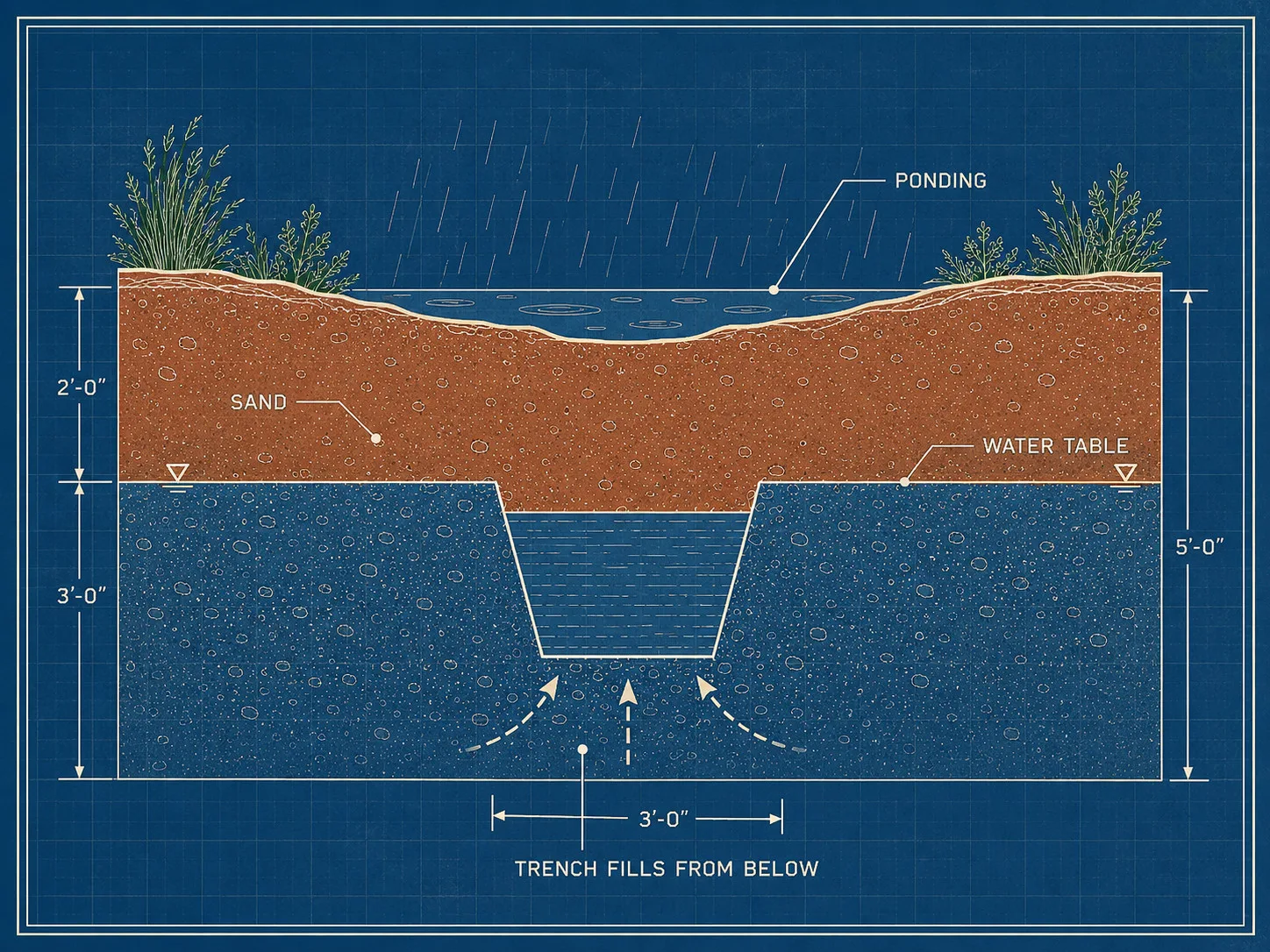 A cross-section of coastal sandy soil with the groundwater table only a few feet down, a drainage trench filling with groundwater from below, and rainwater ponding on the surface