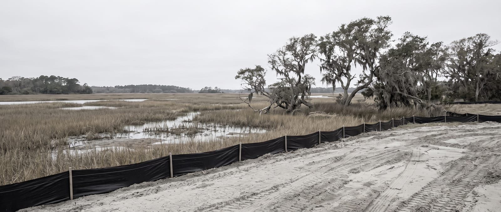 A graded sandy lot on the North Carolina coast near Wilmington, a black silt fence running along the line where clearing stops, with tidal salt marsh, standing water and moss-hung live oaks beyond under flat overcast light