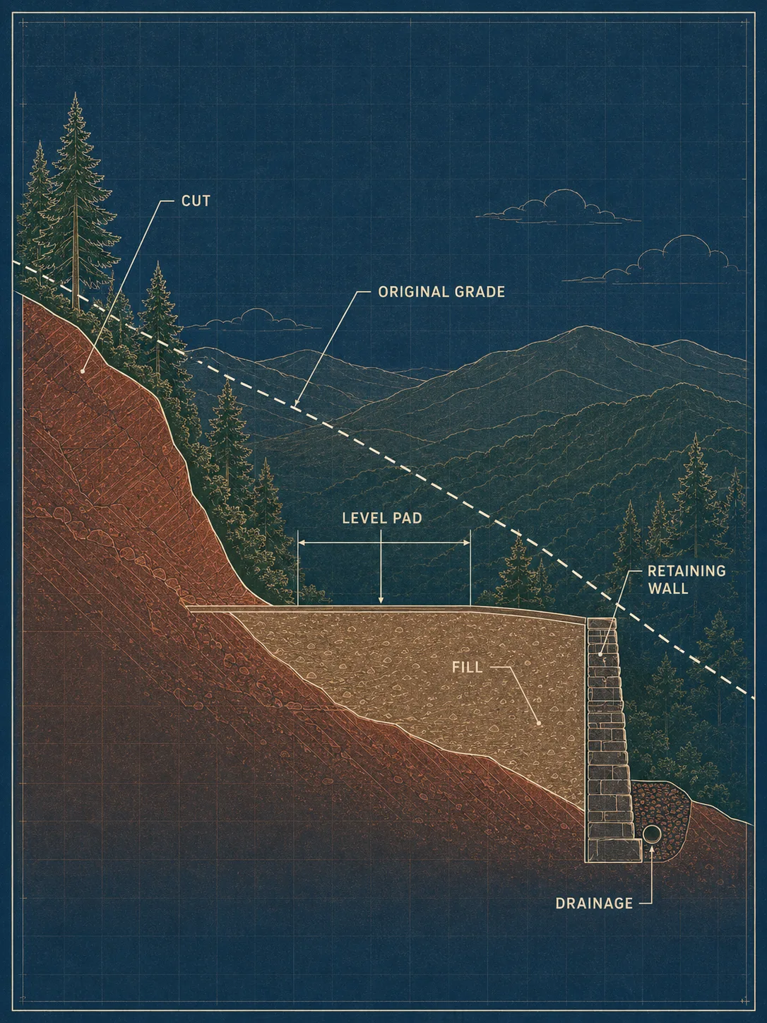 Cross-section of a hillside building lot showing material cut from the uphill side and placed as compacted fill downhill to create a level pad, with a retaining wall and drainage behind it