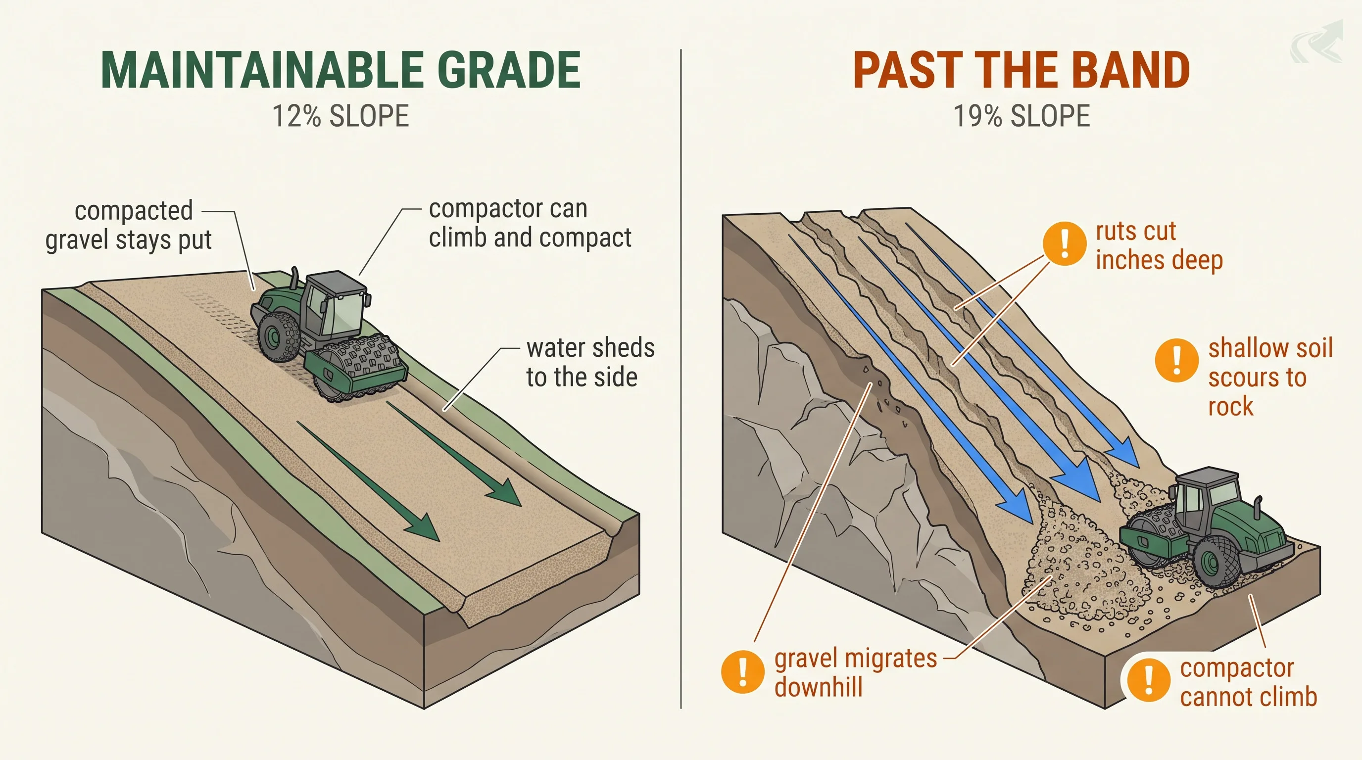 Side-by-side cross-section diagram comparing a 12% gravel driveway where compacted gravel stays put, a compactor can climb, and water sheds to the side, against a 19% driveway where ruts cut inches deep, gravel migrates downhill, the compactor cannot climb, and shallow soil scours to bedrock.