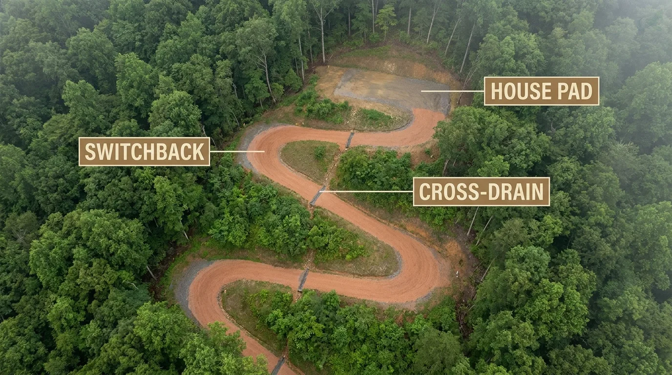 A steep wooded mountain property with a gravel driveway switchbacking up the slope, cross-drains cutting across it at intervals and a small level house pad near the top