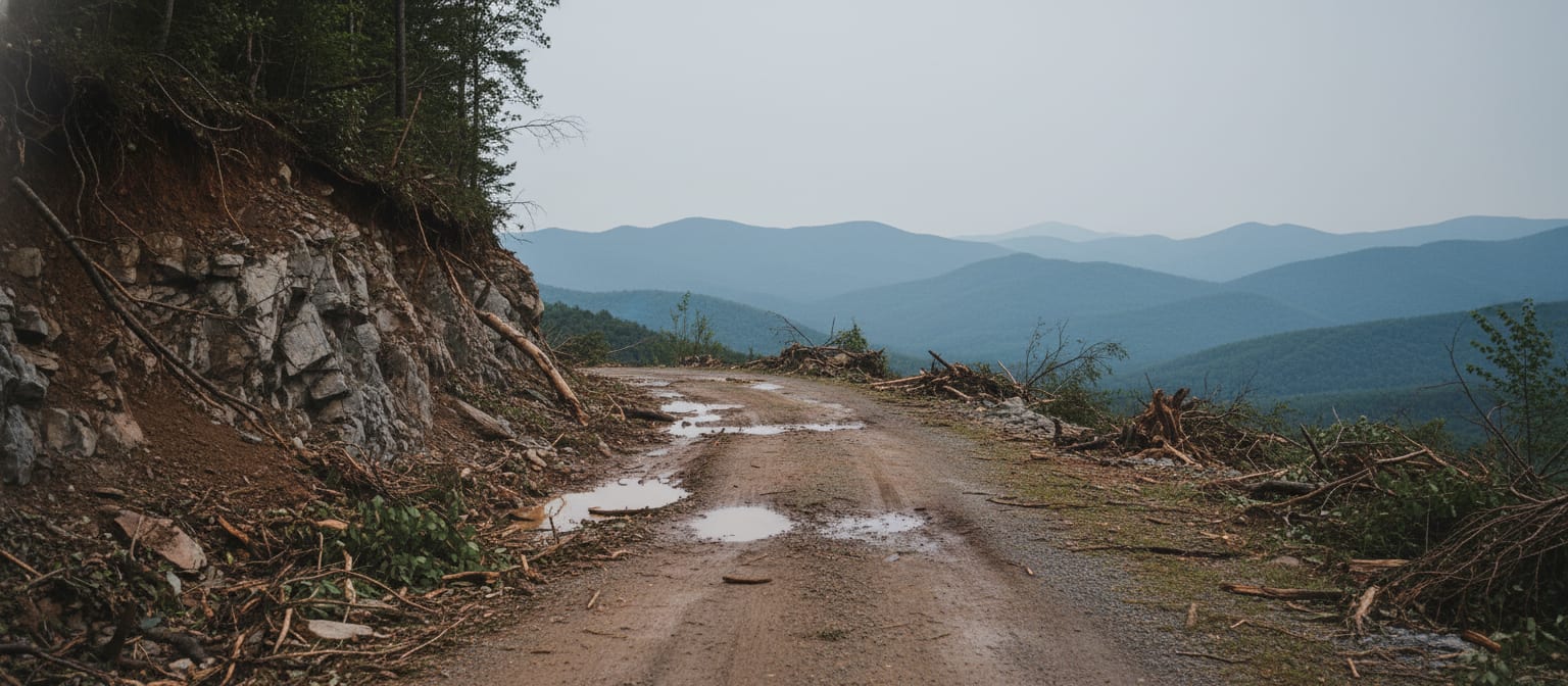 Cut bank and gravel drive on a steep Western NC mountain lot, shallow soil over exposed rock